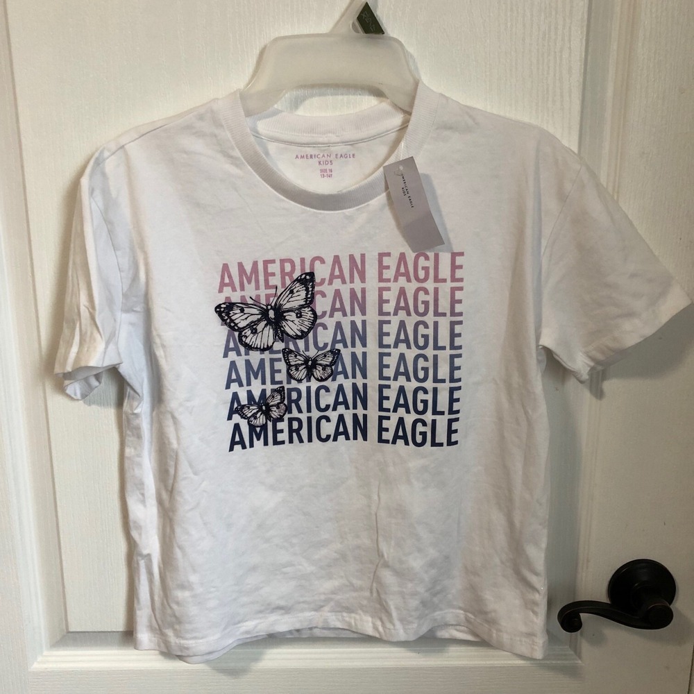 American Eagle Kids White Butterfly Graphic Tee Shirt‎ Size 16 13-14Y NWT